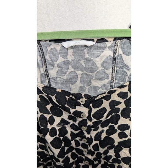 H&M Womens Short Sleeve Button Up Blouse Sz L Cheetah Linen blend Square Neck - Picture 5 of 6